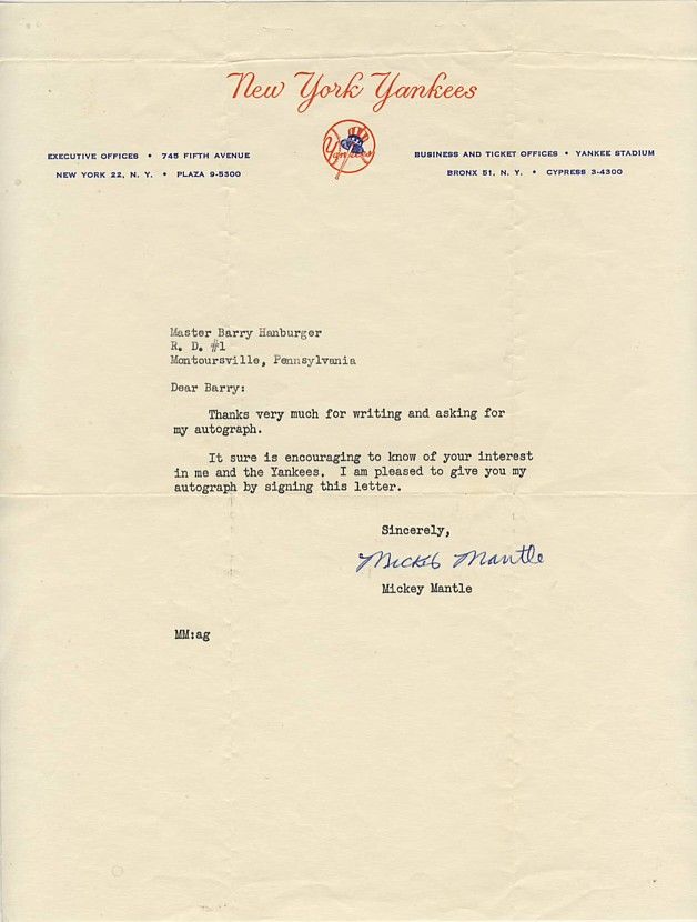 Mickey Mantle Signed Vintage NY Yankees Letter TLS JSA