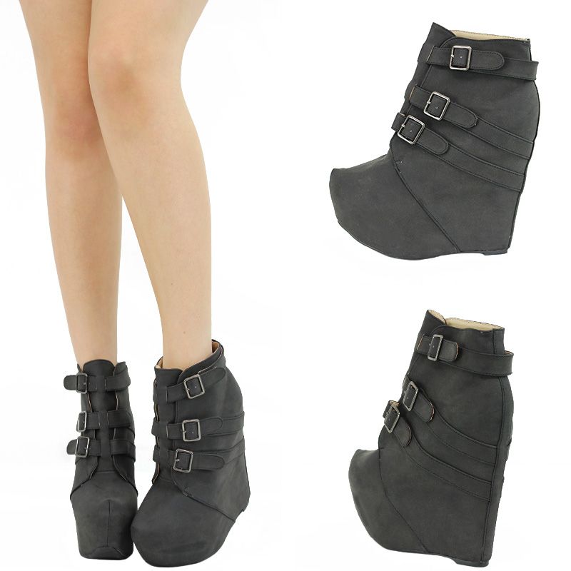 Blk Buckle Hidden 6 High Heel Platform Wedge Combat Ankle Boot