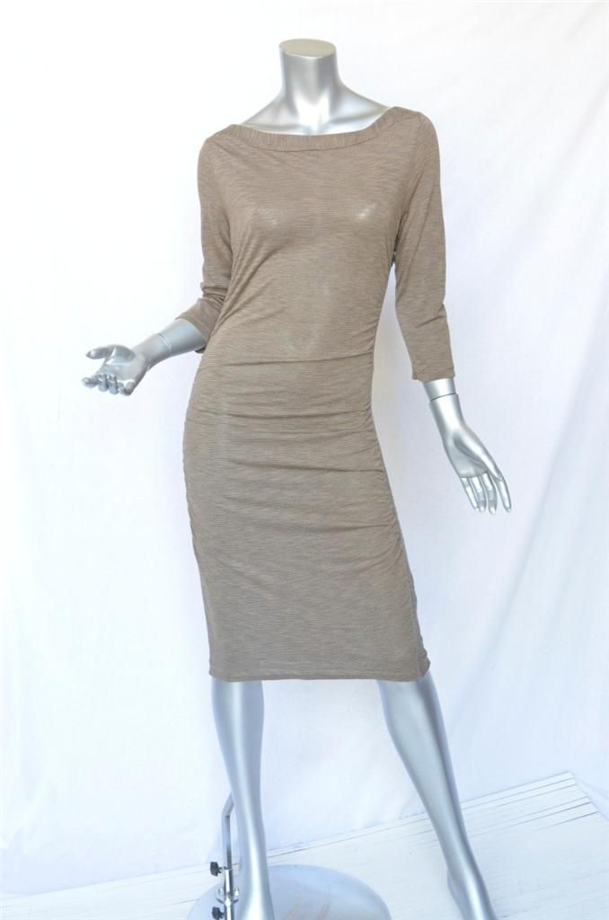 James Perse Standard Pinstriped Beige Black Ruched Jersey Bodycon