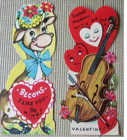 12 19405   50S UNUSED USA VALENTINE CARDS SCOOTER BAG PIPE COW FALSE