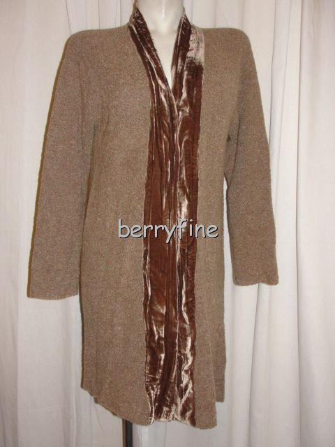 BFS12~J. JILL Size M/Medium Brown Velvet Trim Shawl Merino Wool LS