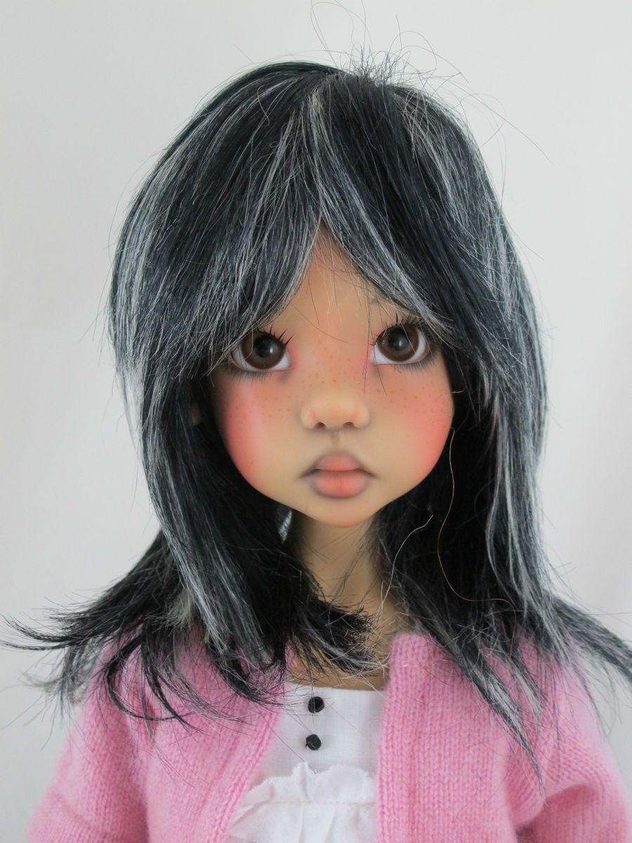 Monique Jojo Wig Off Black White Size 8 9 SD BJD shown on Kaye Wiggs