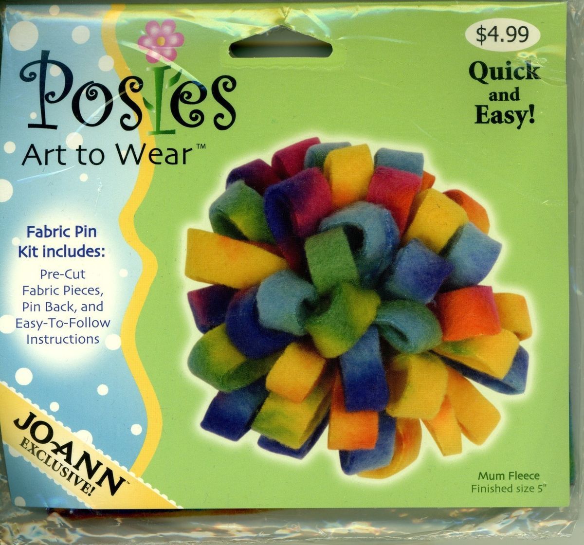 Fabric Flower Brooch Kit JoAnn Posies Art to Wear Mum Fleece Quick and