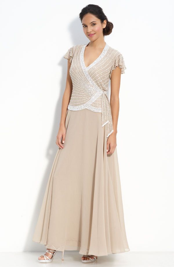 Kara Champagne Beaded Mock Two Piece Wrap Dress Plus 18W MSRP $228