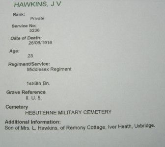  John Victor Hawkins 1 8th Middlesex Regiment Duke of Cambridge`S