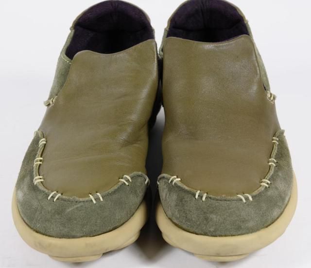 John Fluevog Urban Angels Olive Green Leather Suede Khaki Rubber Slip Ons 8  