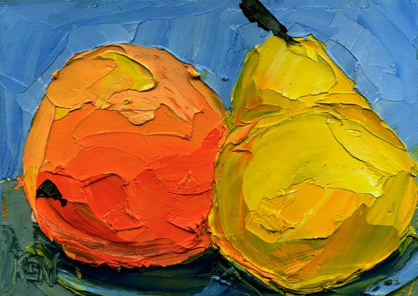 Pear Orange One Fruit Still Life Art Oil Painting Palette Knive 5x7" Ken 100412  