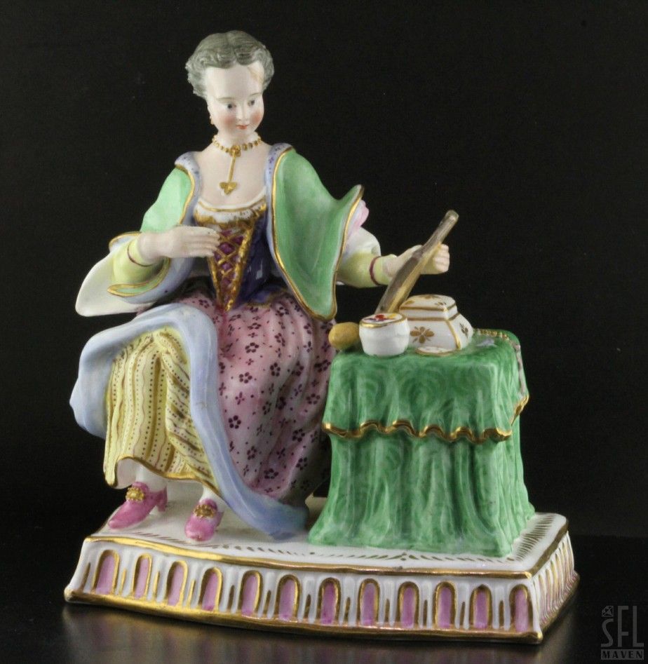 Meissen Germany Antique Figural Statue Noble Woman w Mirror  