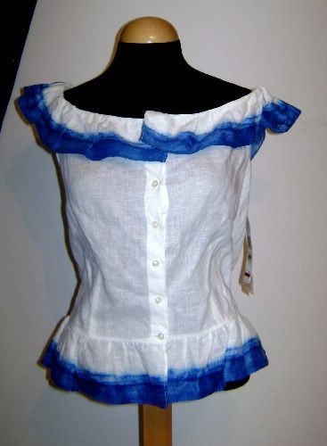 Ralph Laruen White Linen Top w Blue Ruffle Trip 12  