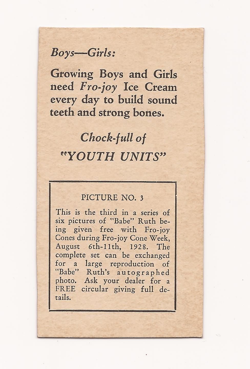 RARE 1928 BABE RUTH COLLECTIBLE FRO JOY ICE CREAM CARD PHOTO 3  