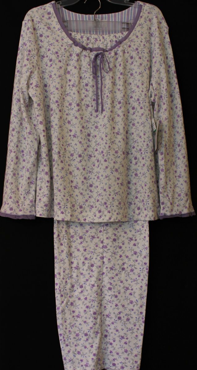 Karen Neuburger Purple Floral Pajamas L s Chiffon Tie Neck Ribbon L 1x