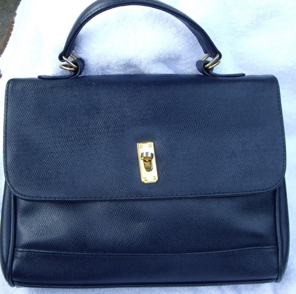 Evan Picone Navy Blue Leather Kelly Bag Purse Classic Chic