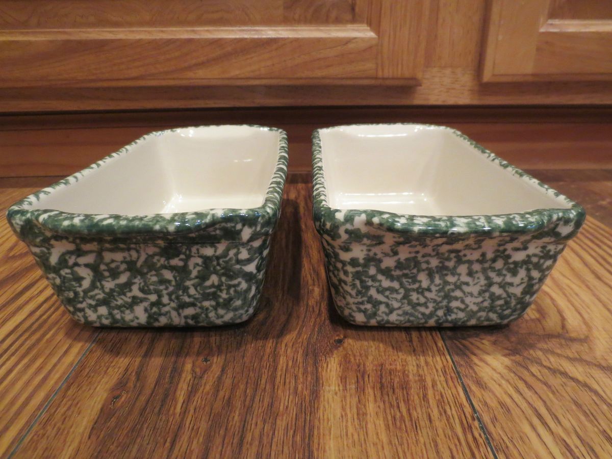 Pair of Two Henn Workshops Green Spongeware Bread Loaf Pans Excellent