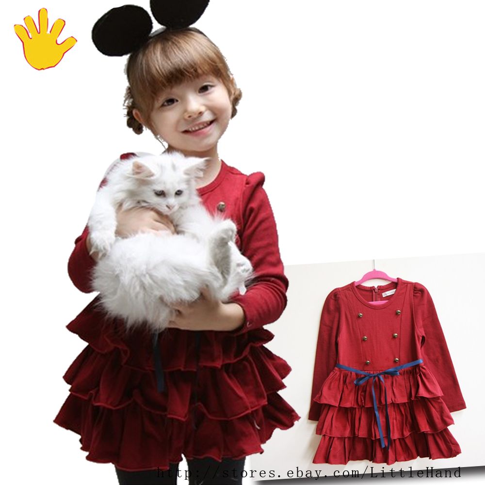New Cute Kids Toddlers Red Buttons Cake Dress Girls Princess Dress