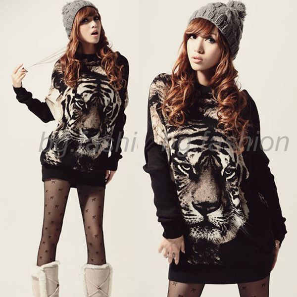 Fashion Womens Batwing Knitwear Tiger Long Sweater Jumper Pullover