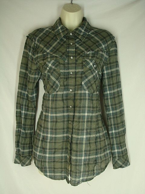 Size L William Rast Target Gray Plaid Button Up Shirt Top Fringed 1776