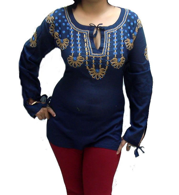 Cotton Kurta Tunic Top Kurtis Indian Style Blouse Yoga Dress Kameez Sz