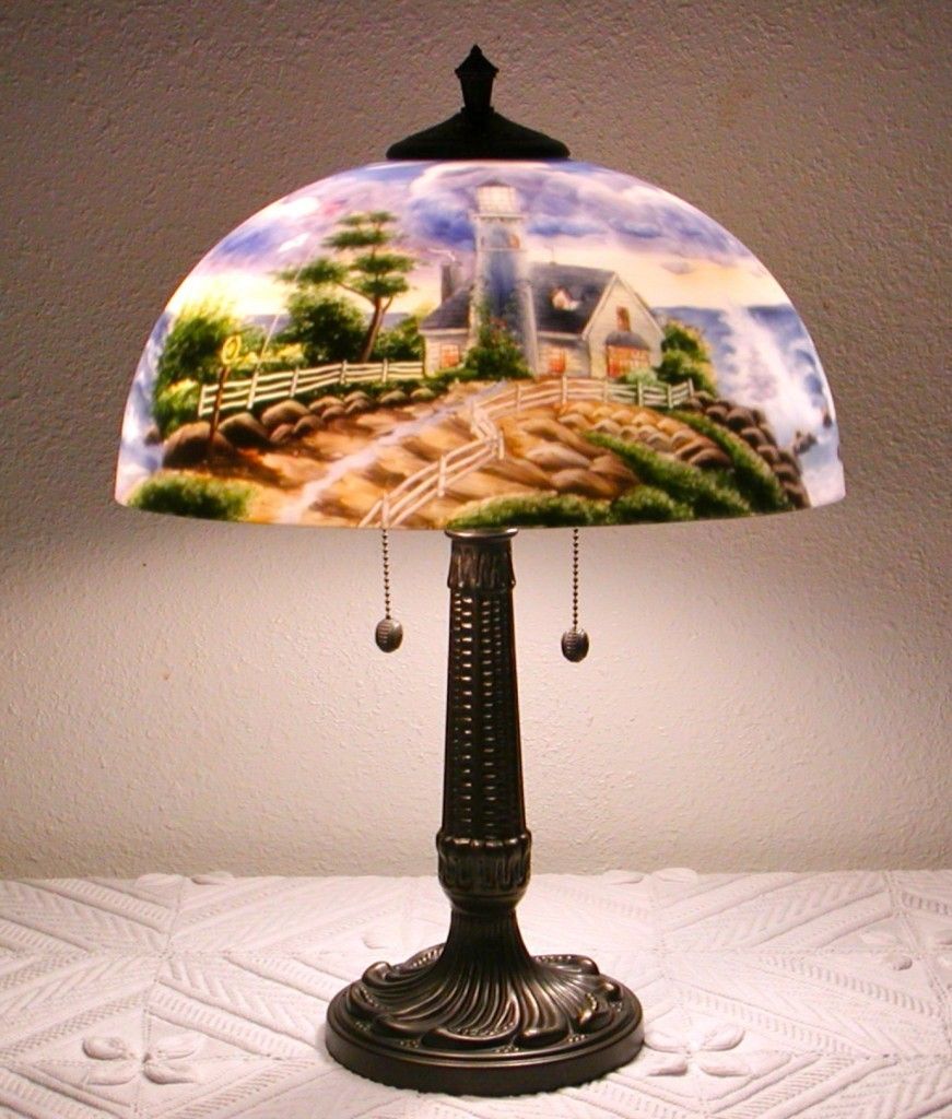 THOMAS KINKADE LAMP REVERSE PAINTING GLASS SHADE AMERICANA LIGHTHOUSE