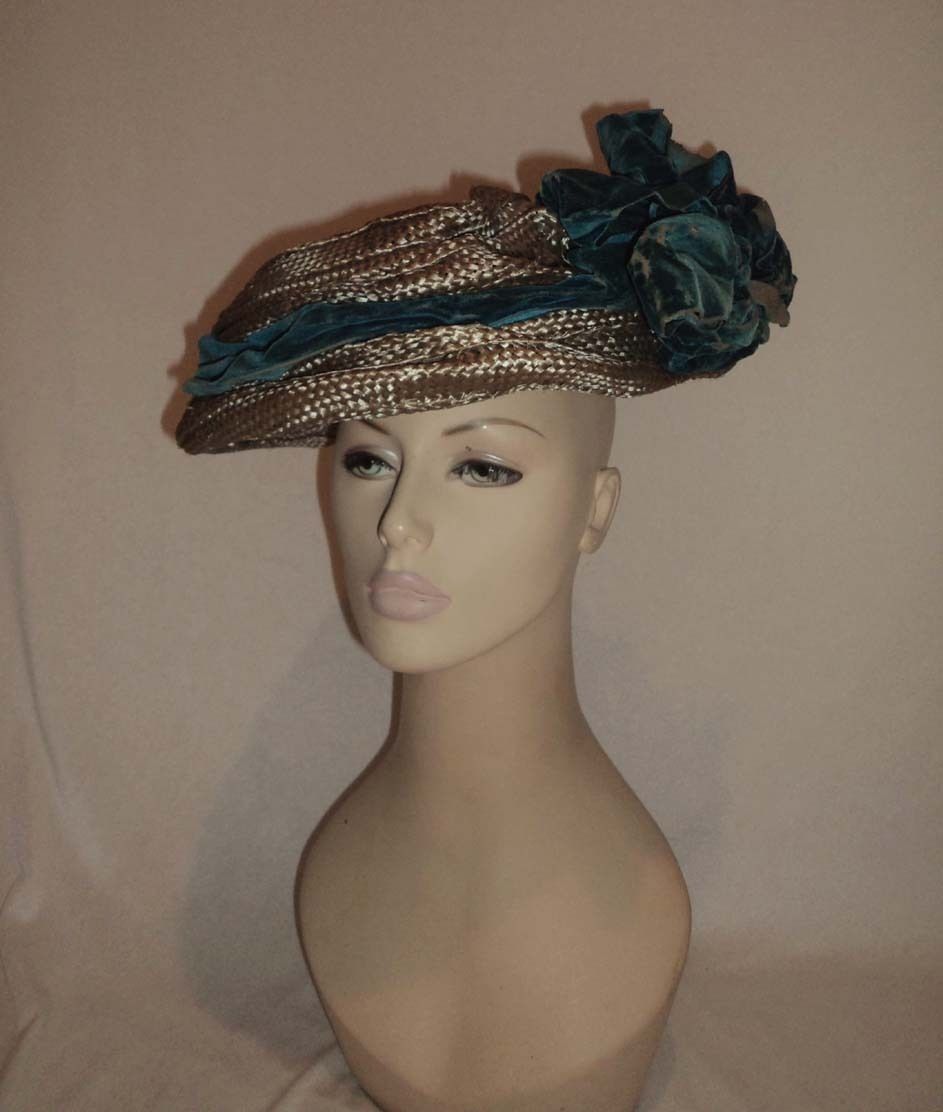 1910 Edwardian Era Large Straw Motoring Hat w Teal Bow Harrison Fisher