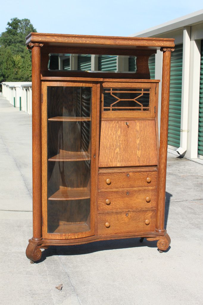 Superb Larkin Tiger Oak Empire Side by Side Secretary Desk Cabinet w