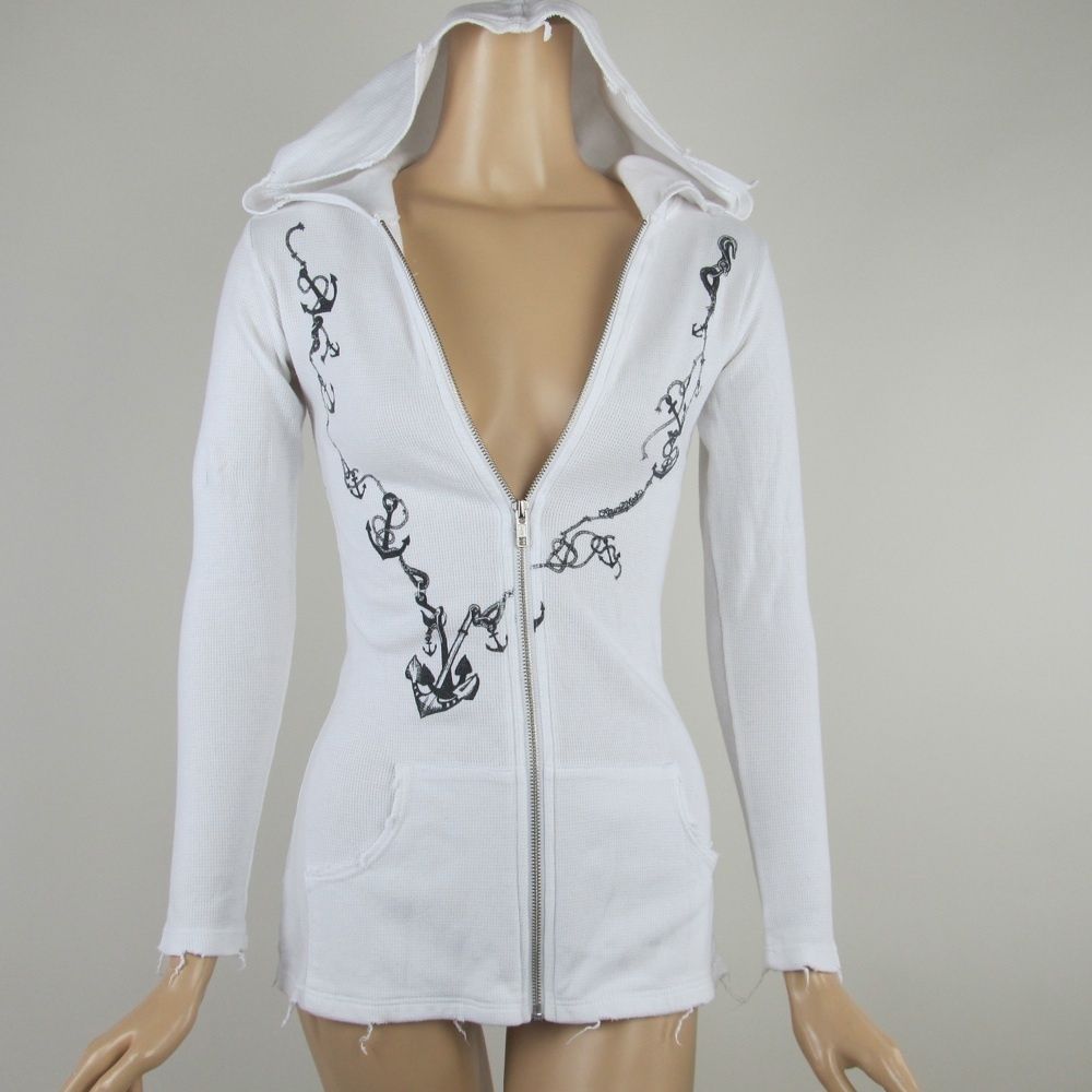 LAUREN MOSHI white Cotton Thermal ZIP UP LONG SLEEVE hoodie Sweatshirt