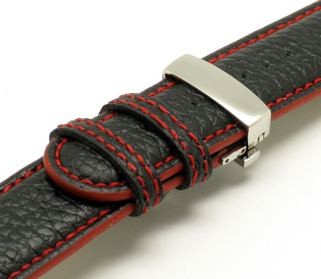 20mm Deployment Clasp Leather Watch Band Black Red