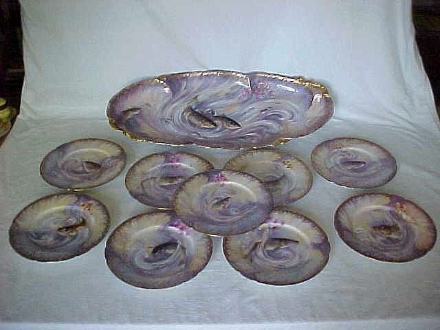 C1900 Guerin 24 Fish Platter 9 Plates Set Artist Sgnd Awesome Limoges