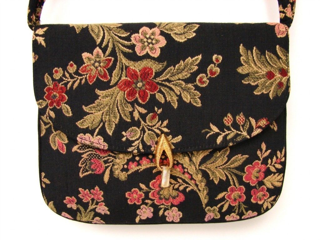 Vintage Miss Lewis Black Multi Flowers Brocade Purse Bag Handbag Very