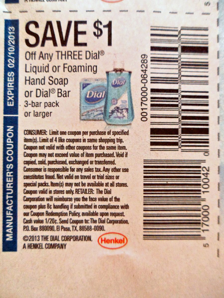 20 Coupons $1 00 3 Dial Liquid or Foaming Hand Soap or 3pk Bar 2 10 13