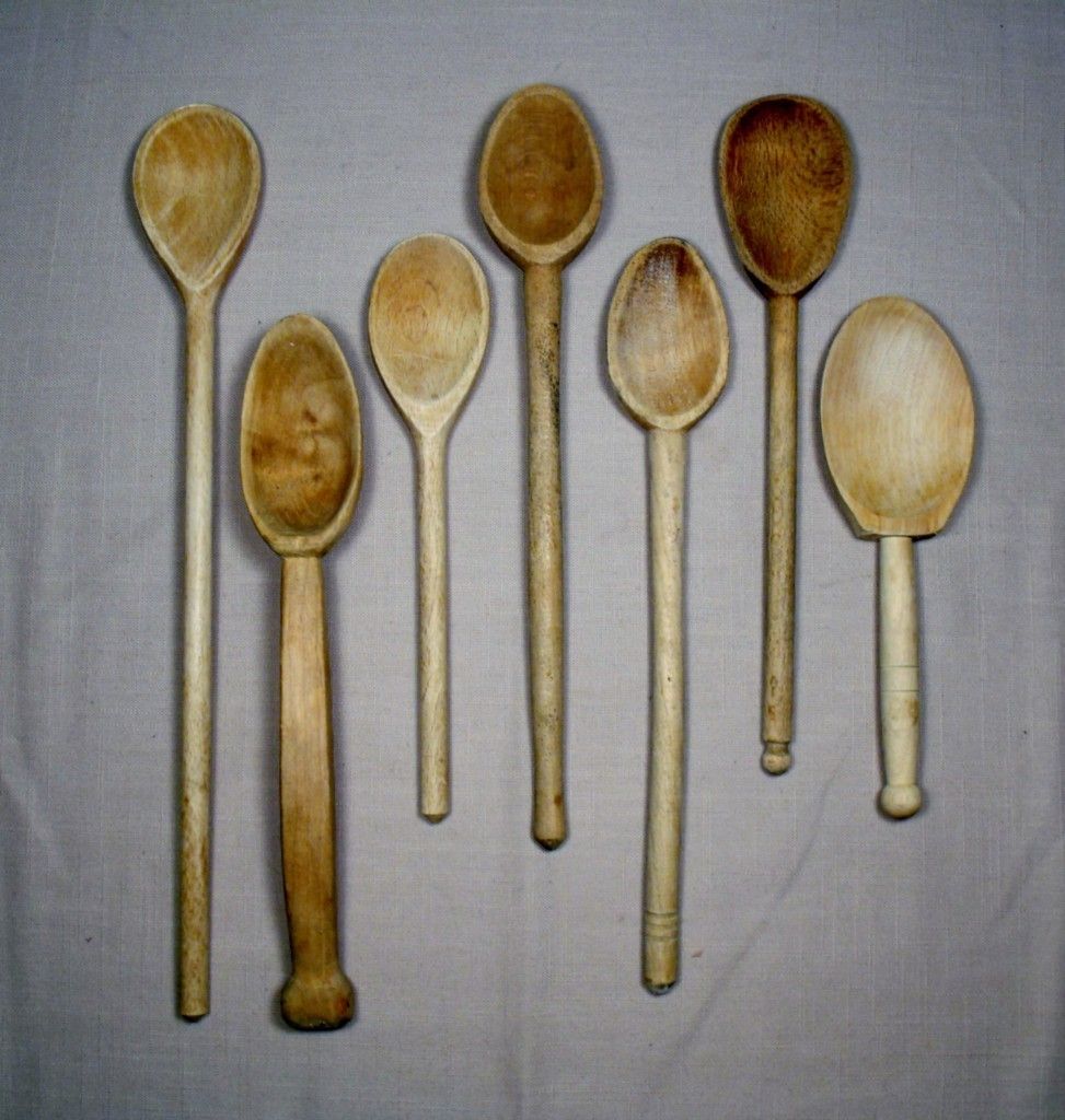 Lot of Seven Vintage Primitive Wooden Spoons Country Kitchen Utensils
