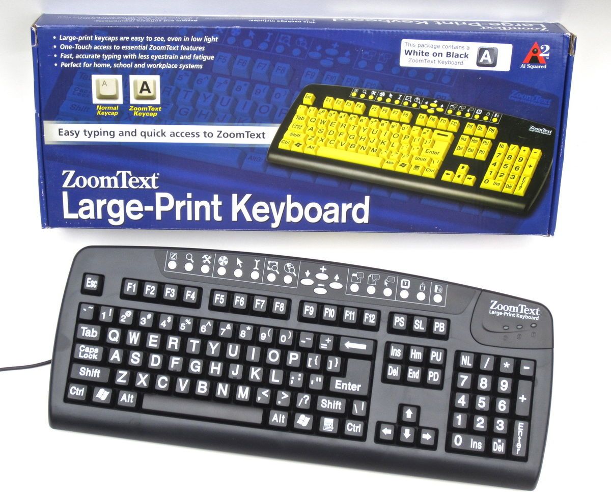 ZOOM TEXT LARGE PRINT KEYBOARD visually impaired white on black