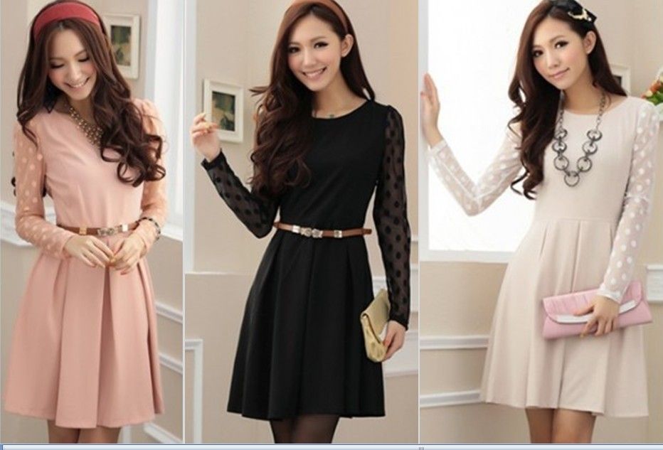 Autumn Winter New Style Wave Point Gauze Long Sleeve Dress