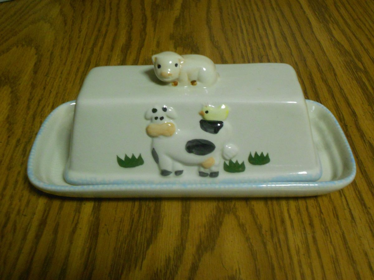 Butter Dish Cow Chicken with Pig Handle Ceramic
