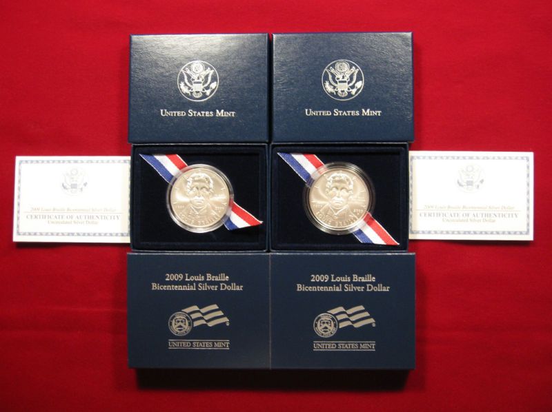 2009 Louis Braille 2 Coin Silver Dollar Set BR 2 BR 3 Less Than Silver