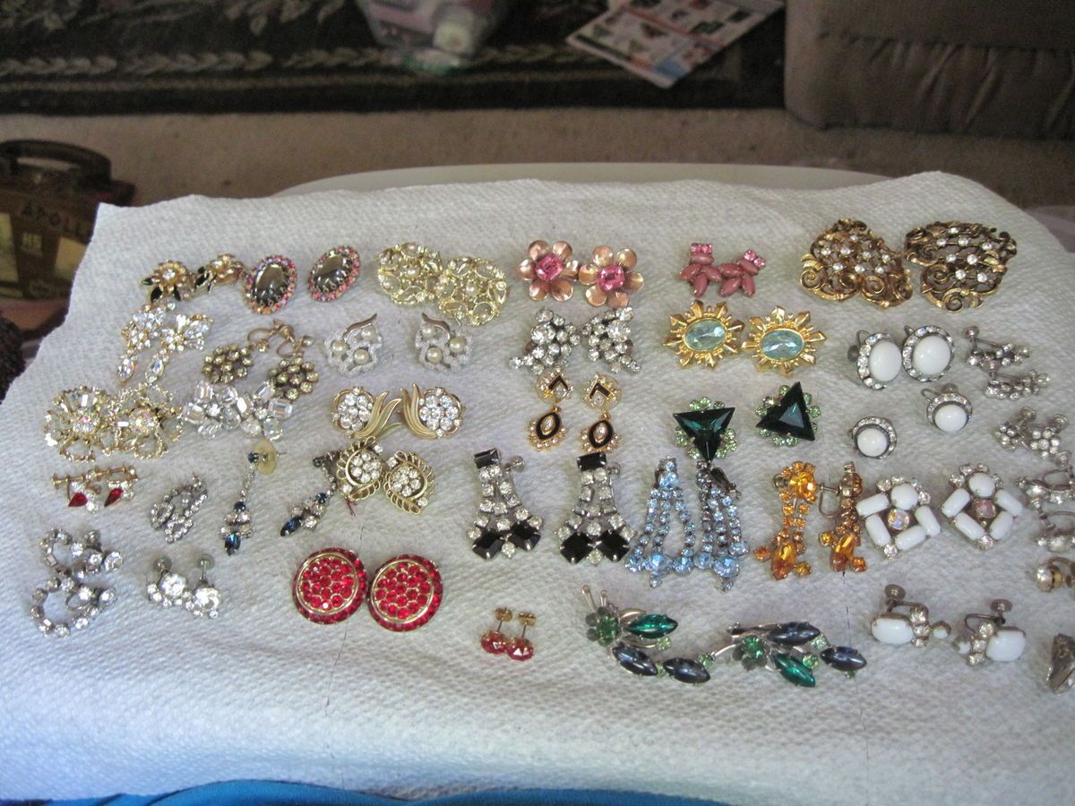 Vintage Lot of All Rhinestone Earrings 35 prs Crown Trifari Sarah Cov