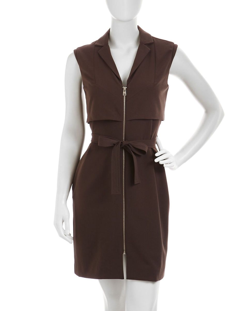 Marc New York by Andrew Marc Zip Front Tie Waist Dress Stone