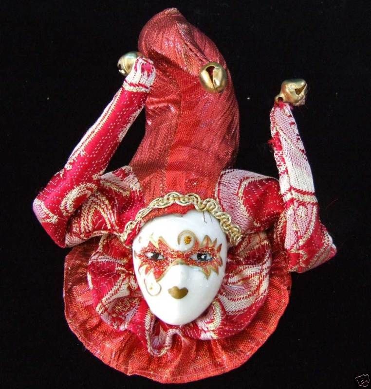 Porcelain Jester Face Mardi Gras Ornament Lady in Red