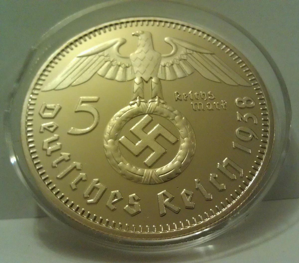 Germany 5 Mark 1938 Nazi 24K Gold Plated Swastika German Restrike Coin