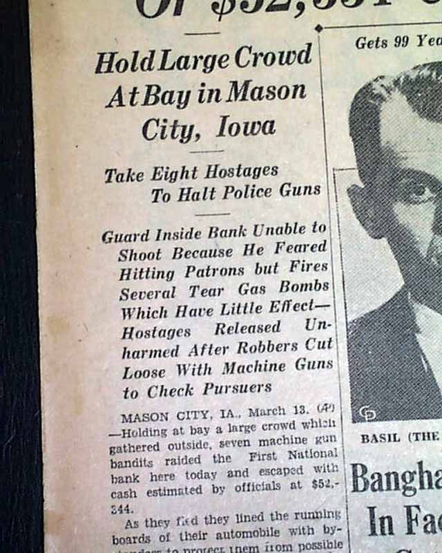 1934 Old Newspaper John Dillinger Mason City IA Iowa Machine Guns Bank