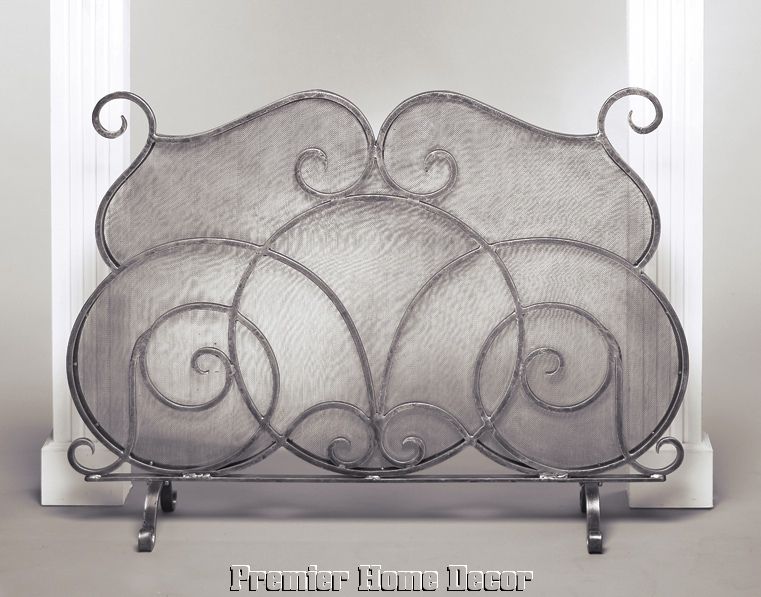 Tuscan Pewter Iron Fireplace Mesh Screen Scroll Design