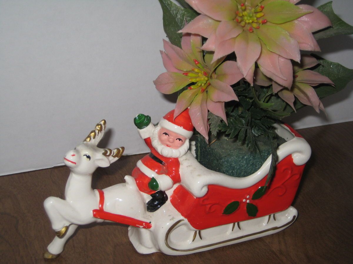 Vintage Brimm Merry Christmas Santa and Reindeer with Pointsettia