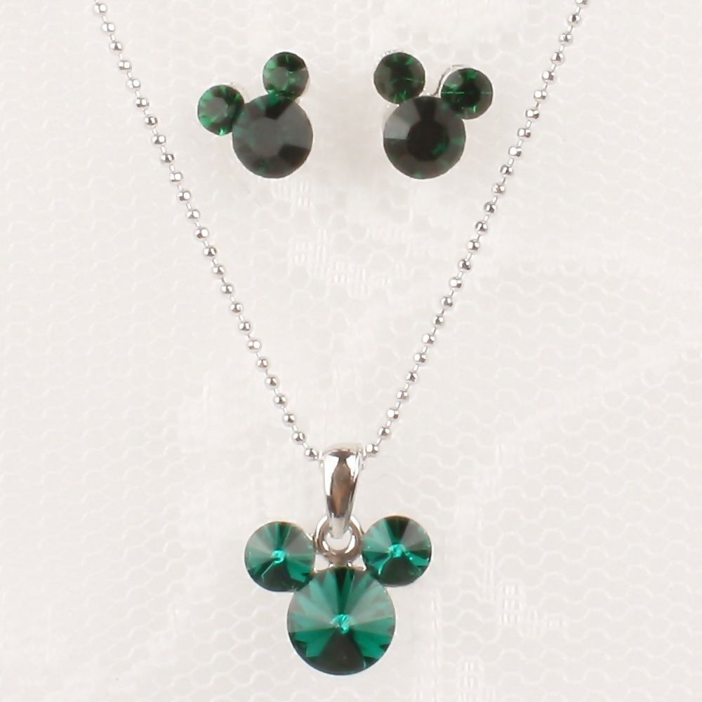New Mickey Mouse Jewelry Set Green Swarovski Crystal Earrings Necklace