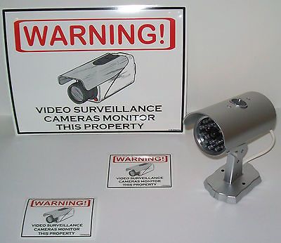 FAKE DUMMY SECURITY WATERPROOF CAMERA SYSTEM +LED + WARNING SIGN