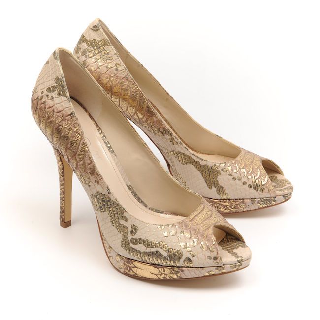 NZ 93 ALDO Cream & Gold Snakeskin Peeptoe Stiletto Shoes Size 40