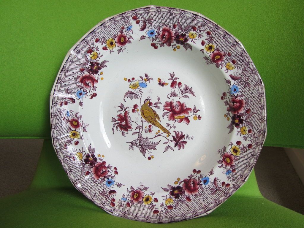 Antique Staffordshire Purple Mulberry BRITISH TAMBOURINE Bird