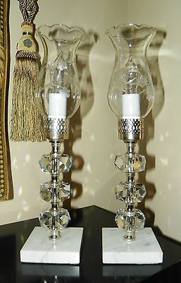 Vintage Pair Hand Cut Crystal & Marble Boudoir/Mantel/Buffet Hurricane