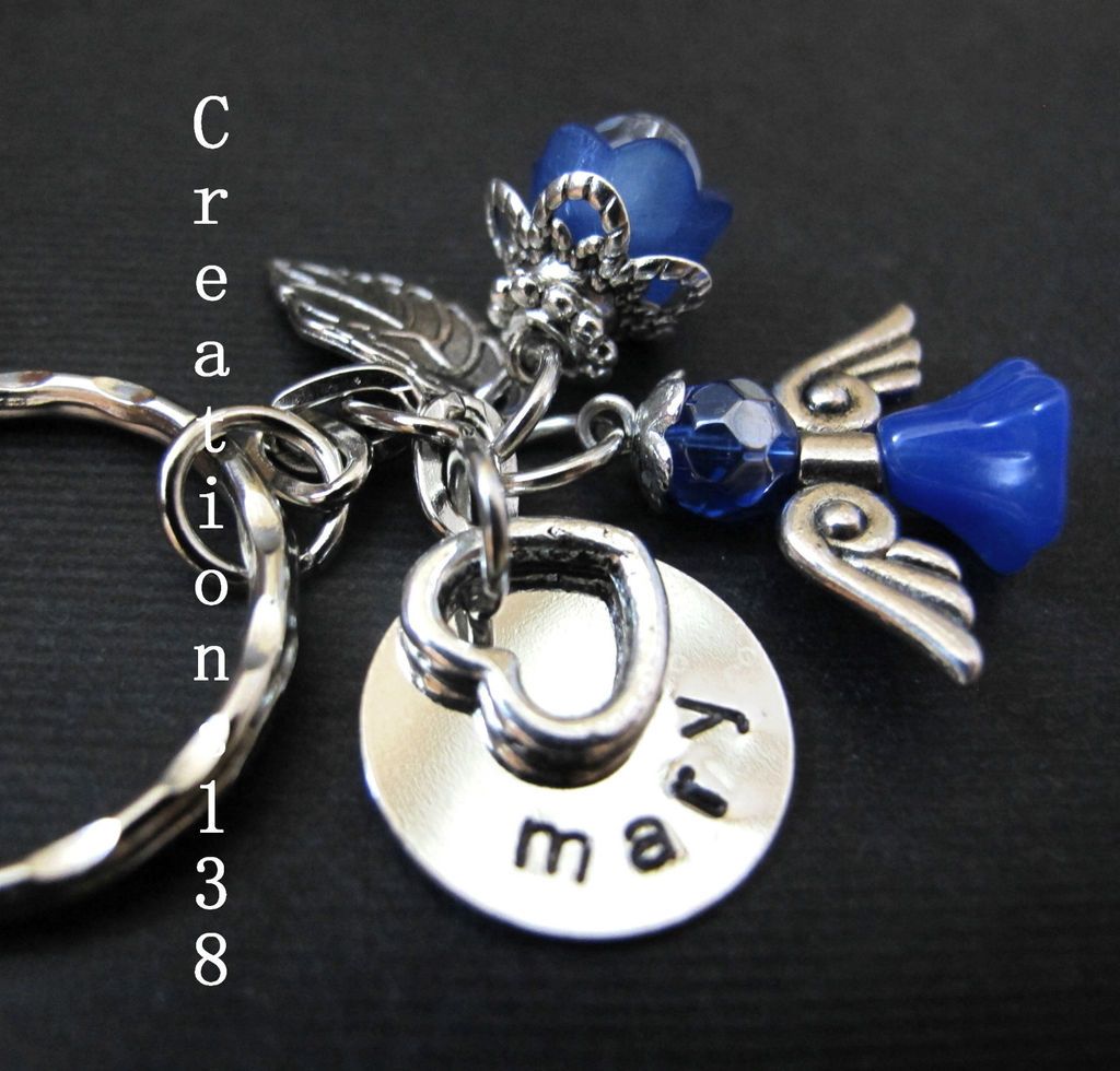 Personalised Any Name Angel Heart Flower Keyring Birthday Christmas