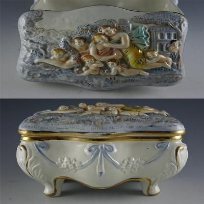 ANTIQUE CAPO DI MONTE CAPODIMONTE ARDALT FOOTED CHERUBS CASKET JEWELRY