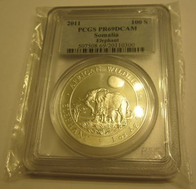 OUNCE SILVER SOMALIA ELEPHANT PCGS PR 69 DCAM + 100 TRILLION