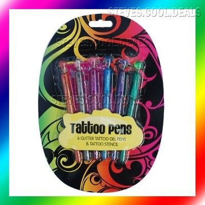 TATTOO GLITTER GEL PENS & STENCIL SET TEMPORARY ART FUN KID CRAFT GIFT